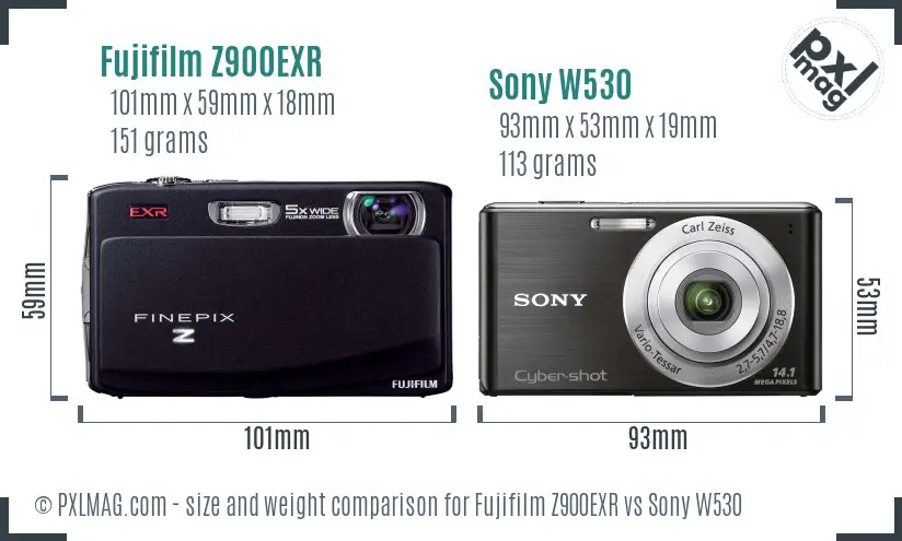 Fujifilm Z900EXR vs Sony W530 size comparison