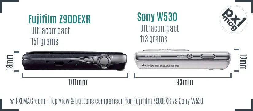 Fujifilm Z900EXR vs Sony W530 top view buttons comparison