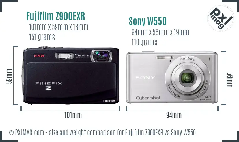 Fujifilm Z900EXR vs Sony W550 size comparison