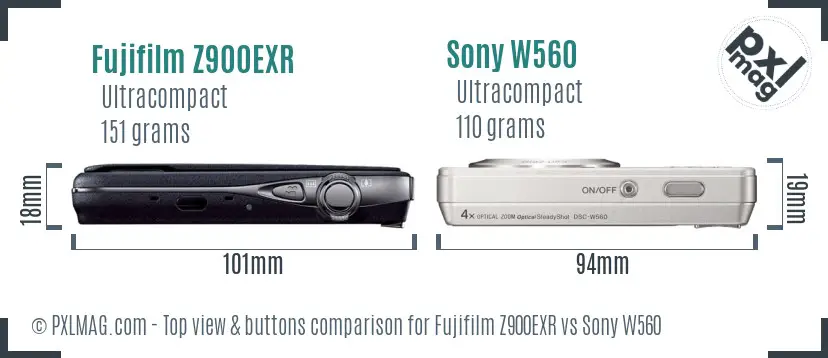 Fujifilm Z900EXR vs Sony W560 top view buttons comparison