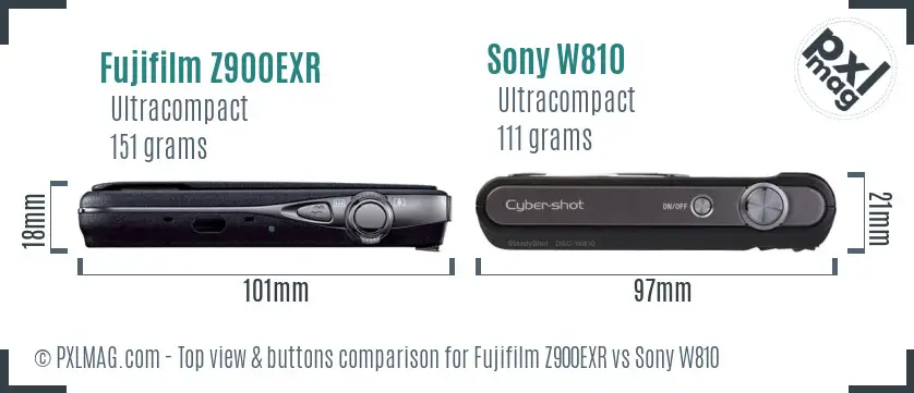 Fujifilm Z900EXR vs Sony W810 top view buttons comparison