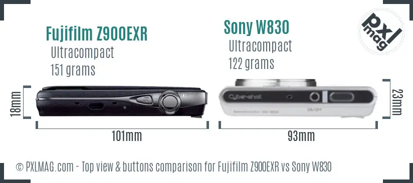 Fujifilm Z900EXR vs Sony W830 top view buttons comparison Fujifilm Z900EXR vs Sony W830 top view buttons comparison