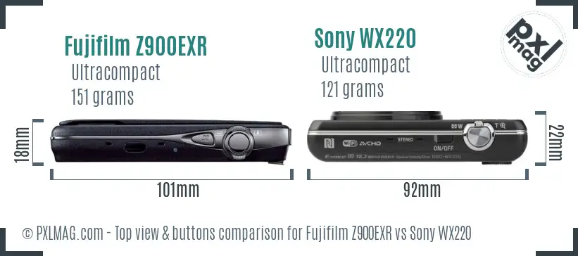 Fujifilm Z900EXR vs Sony WX220 top view buttons comparison