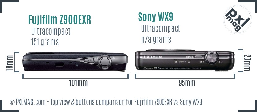 Fujifilm Z900EXR vs Sony WX9 top view buttons comparison