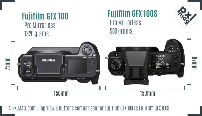Fujifilm GFX 100 vs Fujifilm GFX 100S top view buttons comparison