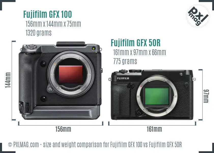 Fujifilm GFX 100 vs Fujifilm GFX 50R size comparison