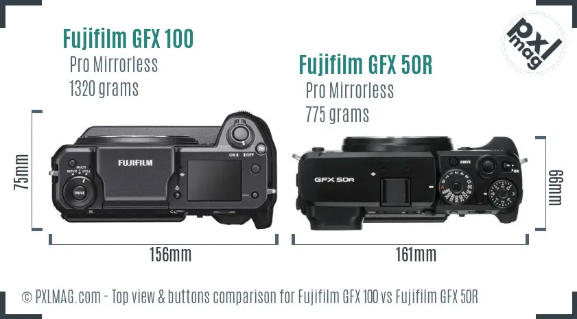 Fujifilm GFX 100 vs Fujifilm GFX 50R top view buttons comparison