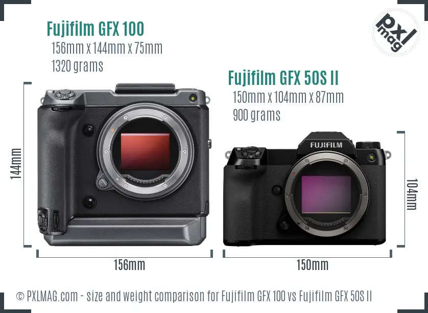 Fujifilm GFX 100 vs Fujifilm GFX 50S II size comparison