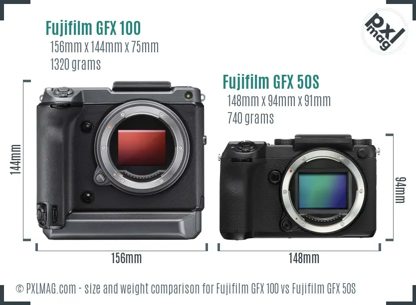 Fujifilm GFX 100 vs Fujifilm GFX 50S size comparison