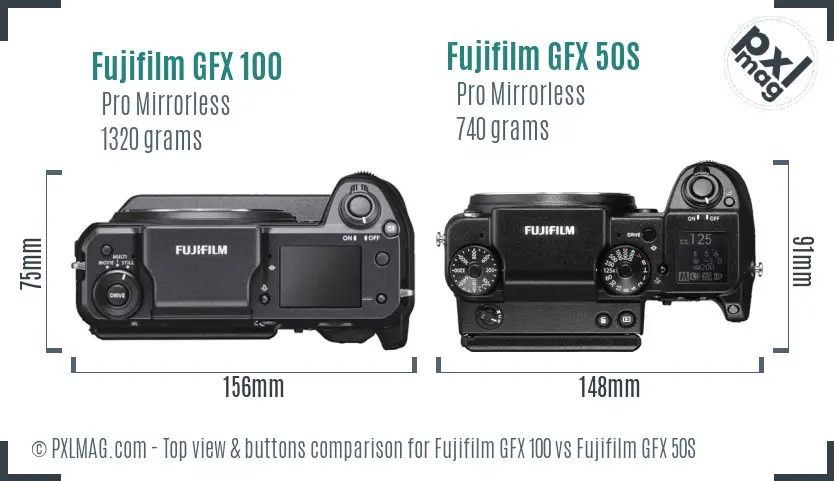 Fujifilm GFX 100 vs Fujifilm GFX 50S top view buttons comparison