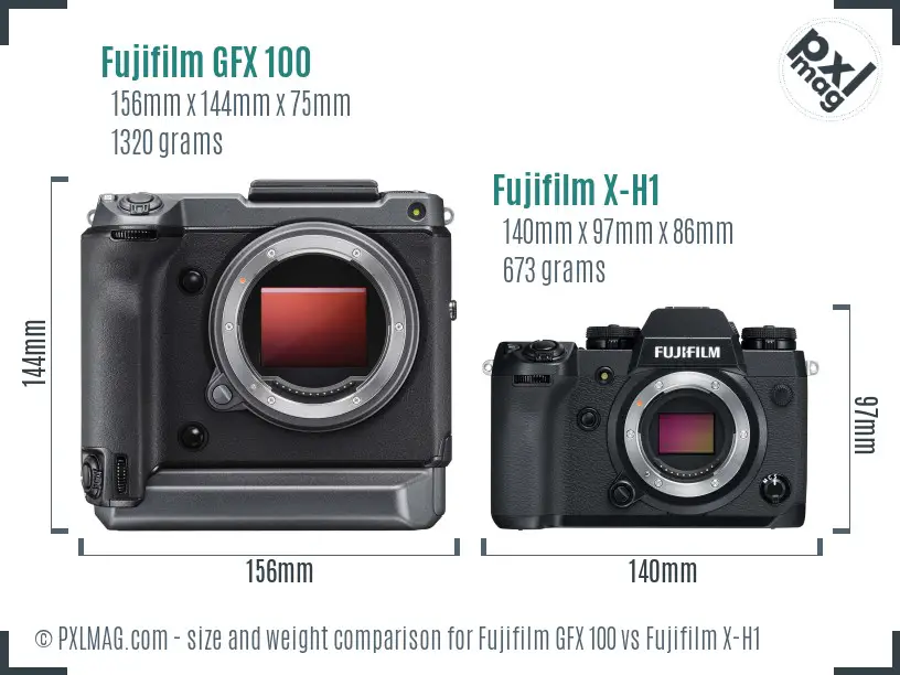 Fujifilm GFX 100 vs Fujifilm X-H1 size comparison