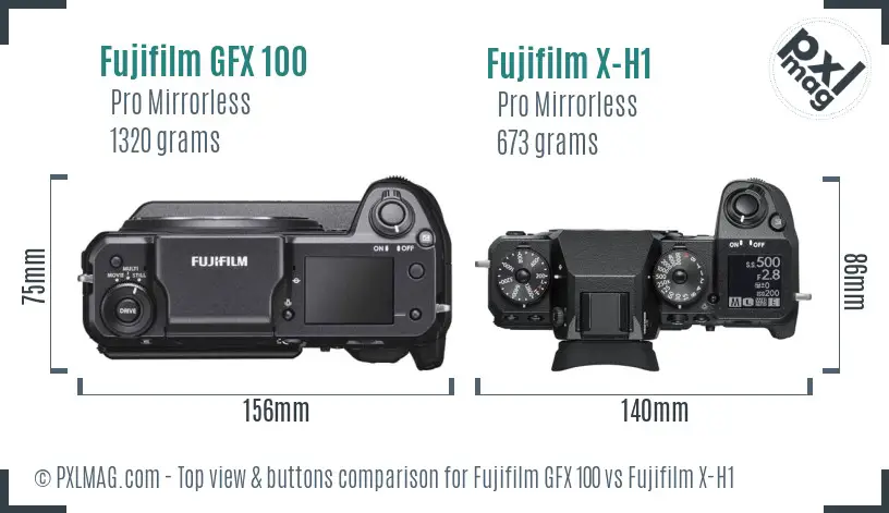 Fujifilm GFX 100 vs Fujifilm X-H1 top view buttons comparison