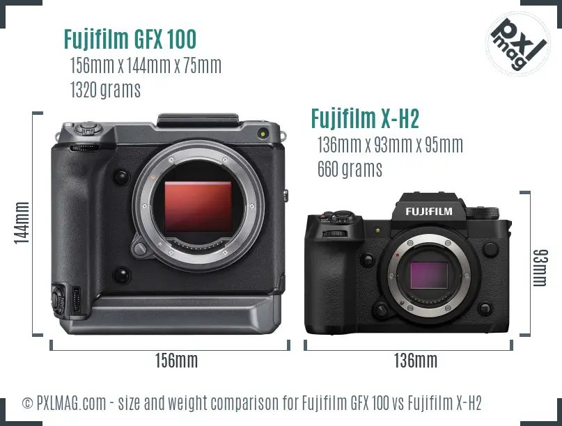 Fujifilm GFX 100 vs Fujifilm X-H2 size comparison