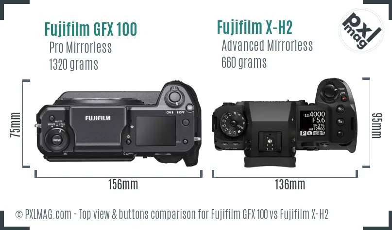 Fujifilm GFX 100 vs Fujifilm X-H2 top view buttons comparison