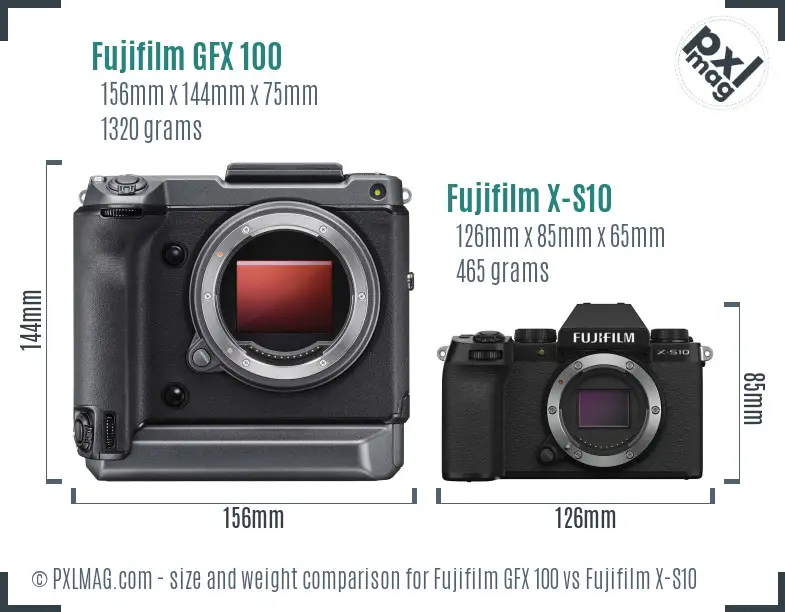 Fujifilm GFX 100 vs Fujifilm X-S10 size comparison