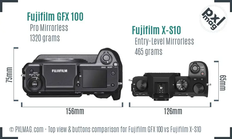 Fujifilm GFX 100 vs Fujifilm X-S10 top view buttons comparison