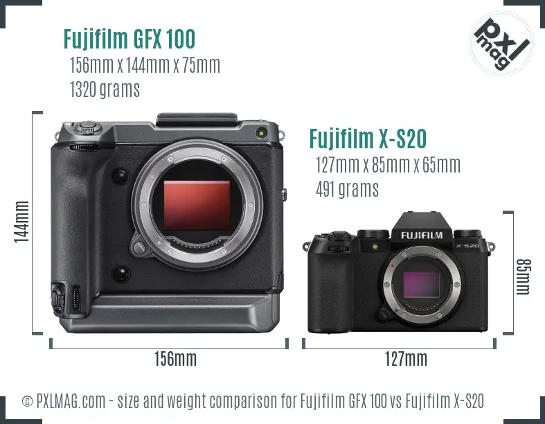 Fujifilm GFX 100 vs Fujifilm X-S20 size comparison