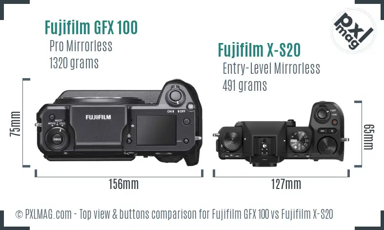 Fujifilm GFX 100 vs Fujifilm X-S20 top view buttons comparison