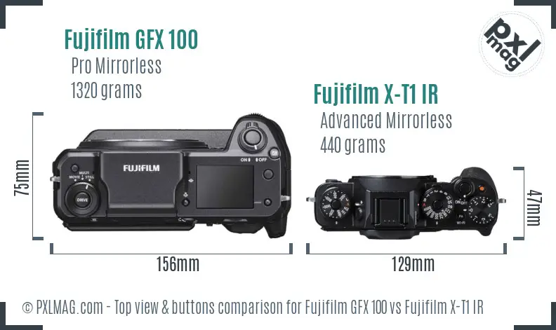 Fujifilm GFX 100 vs Fujifilm X-T1 IR top view buttons comparison