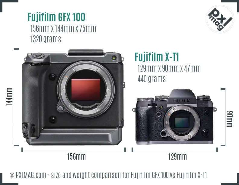 Fujifilm GFX 100 vs Fujifilm X-T1 size comparison