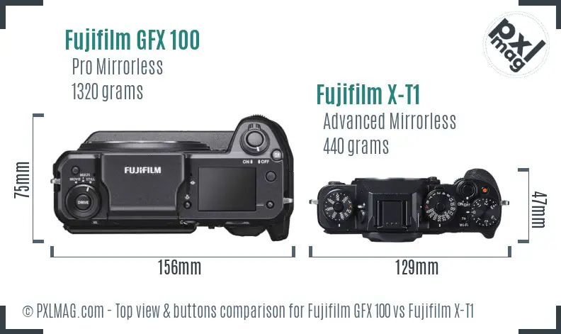 Fujifilm GFX 100 vs Fujifilm X-T1 top view buttons comparison