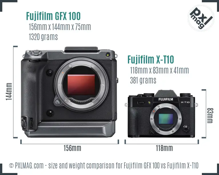 Fujifilm GFX 100 vs Fujifilm X-T10 size comparison