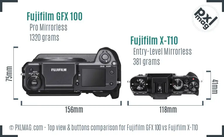 Fujifilm GFX 100 vs Fujifilm X-T10 top view buttons comparison