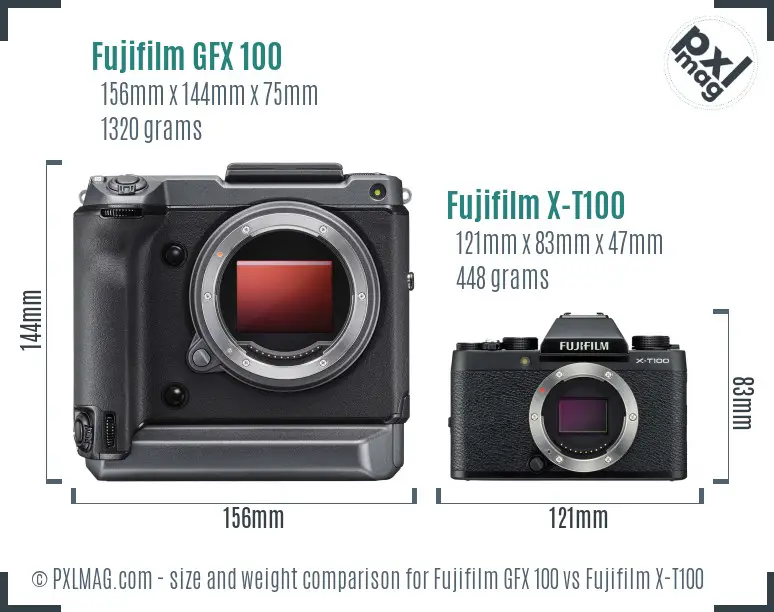 Fujifilm GFX 100 vs Fujifilm X-T100 size comparison