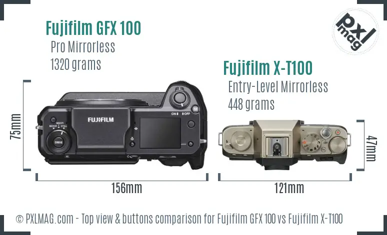 Fujifilm GFX 100 vs Fujifilm X-T100 top view buttons comparison