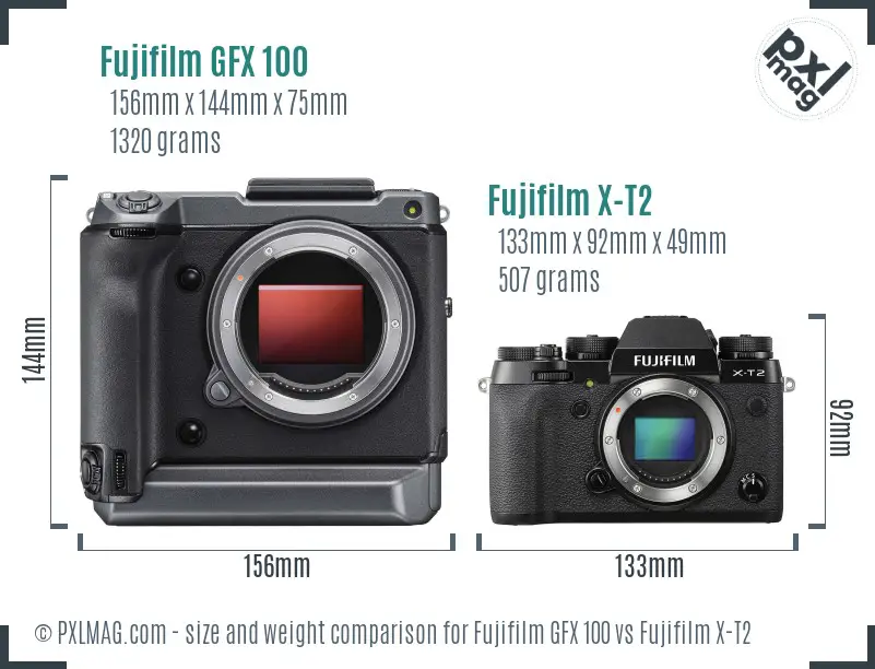 Fujifilm GFX 100 vs Fujifilm X-T2 size comparison
