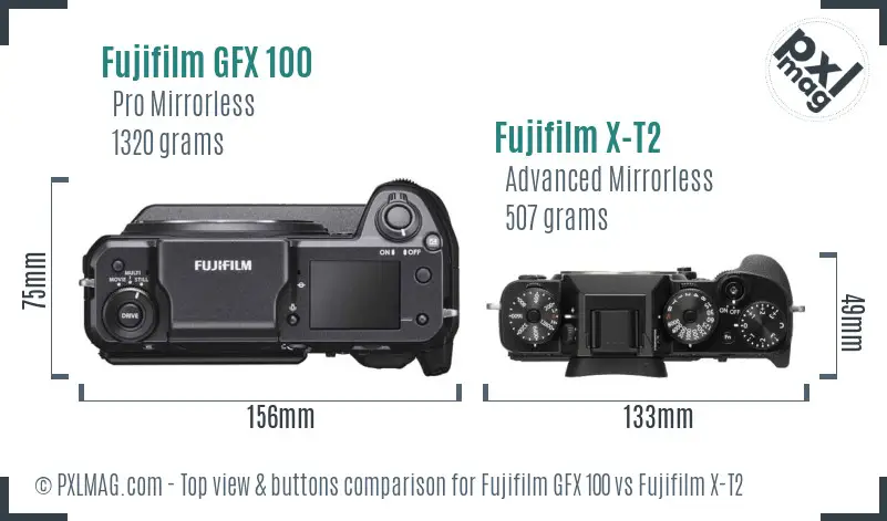 Fujifilm GFX 100 vs Fujifilm X-T2 top view buttons comparison