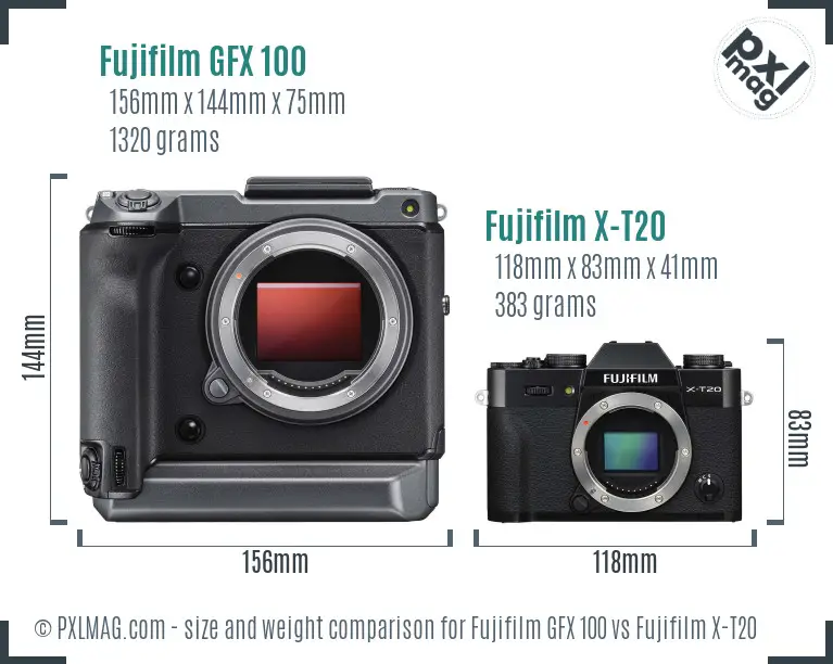 Fujifilm GFX 100 vs Fujifilm X-T20 size comparison