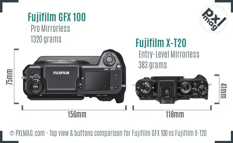 Fujifilm GFX 100 vs Fujifilm X-T20 top view buttons comparison