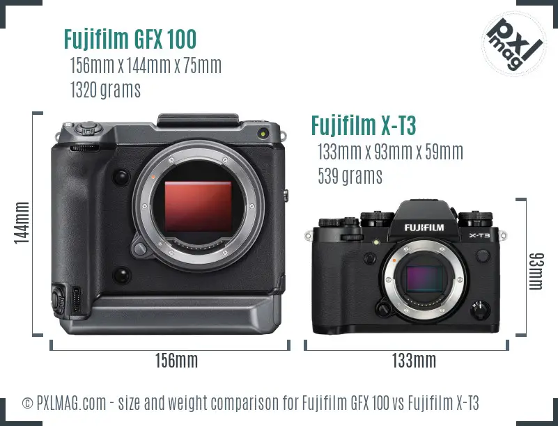 Fujifilm GFX 100 vs Fujifilm X-T3 size comparison