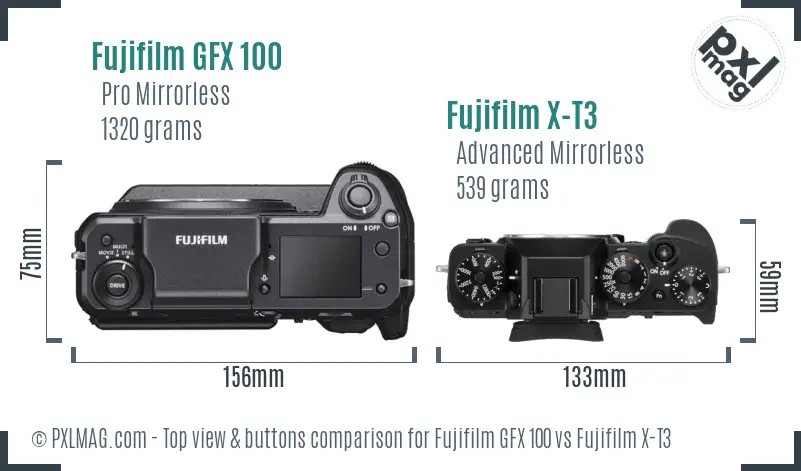 Fujifilm GFX 100 vs Fujifilm X-T3 top view buttons comparison