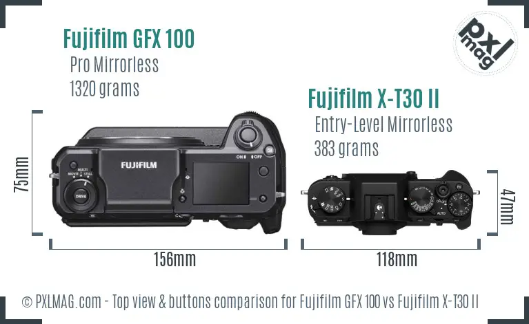 Fujifilm GFX 100 vs Fujifilm X-T30 II top view buttons comparison Fujifilm GFX 100 vs Fujifilm X-T30 II top view buttons comparison