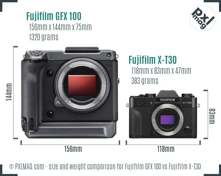 Fujifilm GFX 100 vs Fujifilm X-T30 size comparison