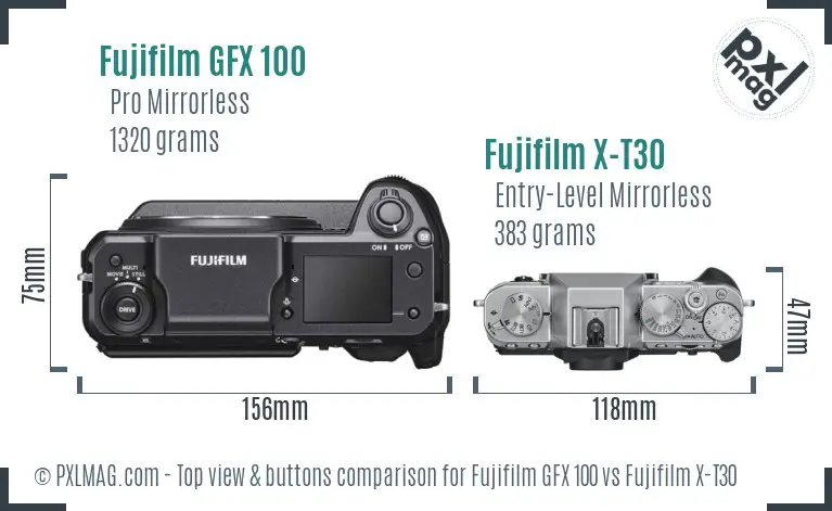 Fujifilm GFX 100 vs Fujifilm X-T30 top view buttons comparison