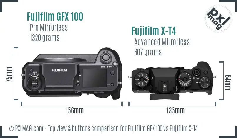 Fujifilm GFX 100 vs Fujifilm X-T4 top view buttons comparison