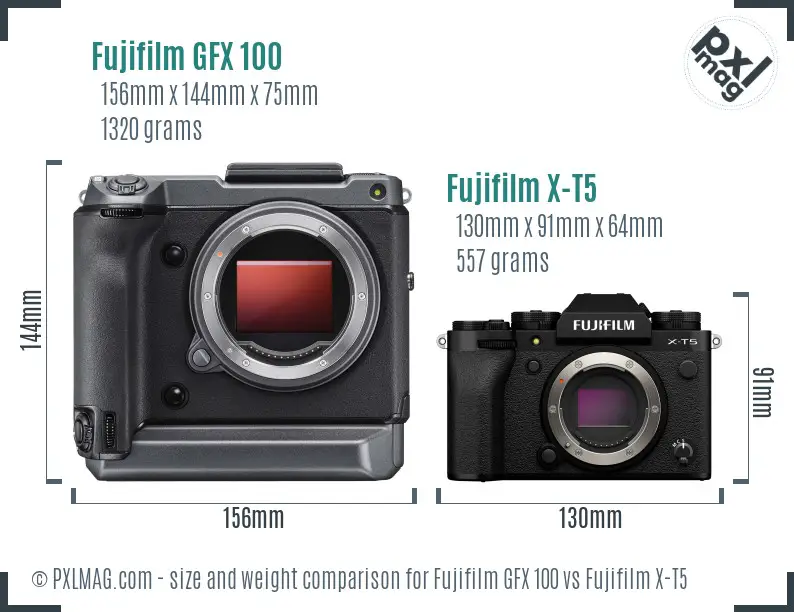 Fujifilm GFX 100 vs Fujifilm X-T5 size comparison