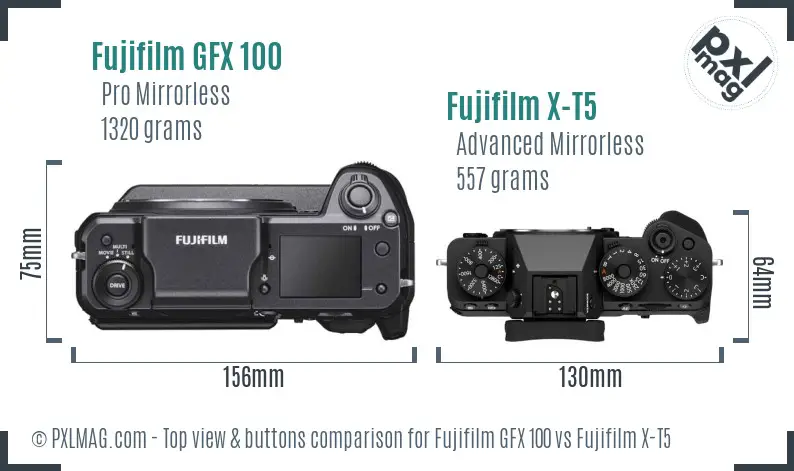 Fujifilm GFX 100 vs Fujifilm X-T5 top view buttons comparison