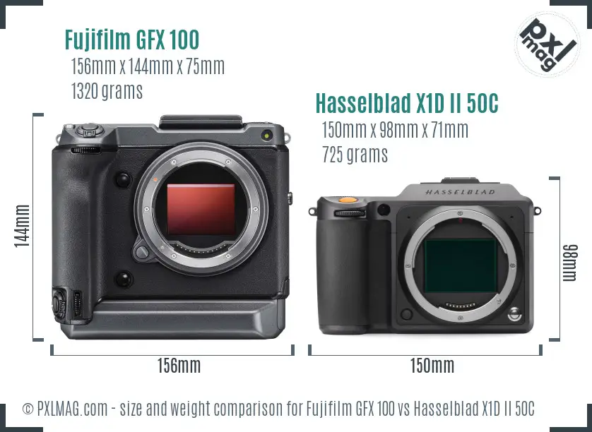 Fujifilm GFX 100 vs Hasselblad X1D II 50C size comparison