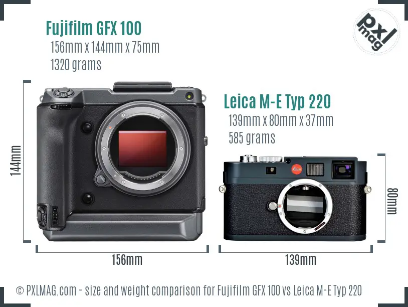 Fujifilm GFX 100 vs Leica M-E Typ 220 size comparison