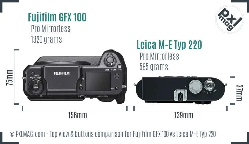 Fujifilm GFX 100 vs Leica M-E Typ 220 top view buttons comparison