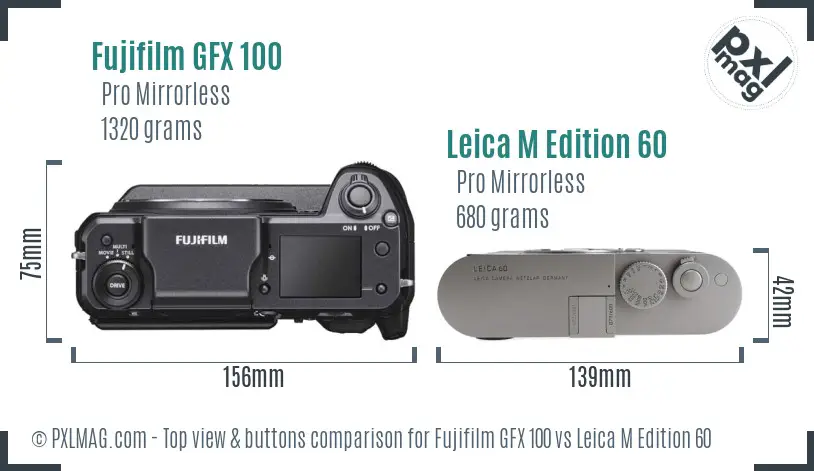 Fujifilm GFX 100 vs Leica M Edition 60 top view buttons comparison