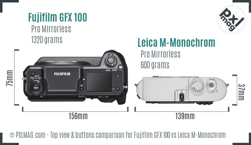 Fujifilm GFX 100 vs Leica M-Monochrom top view buttons comparison