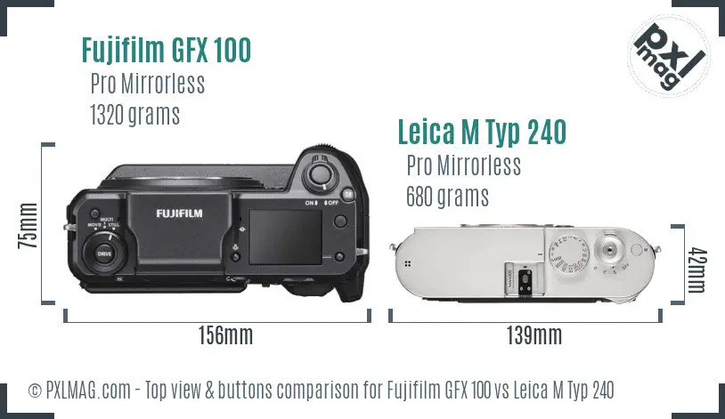 Fujifilm GFX 100 vs Leica M Typ 240 top view buttons comparison