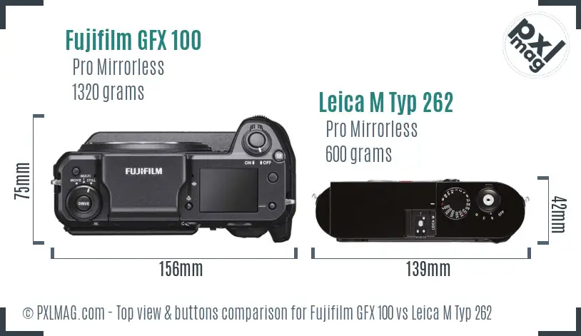Fujifilm GFX 100 vs Leica M Typ 262 top view buttons comparison