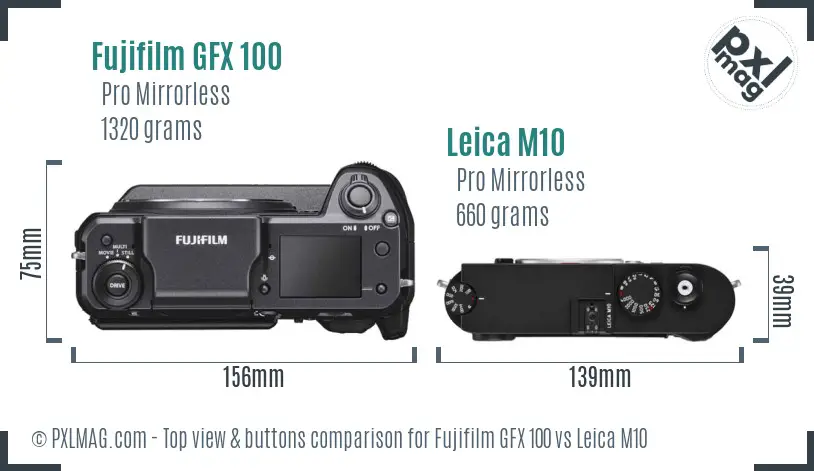 Fujifilm GFX 100 vs Leica M10 top view buttons comparison