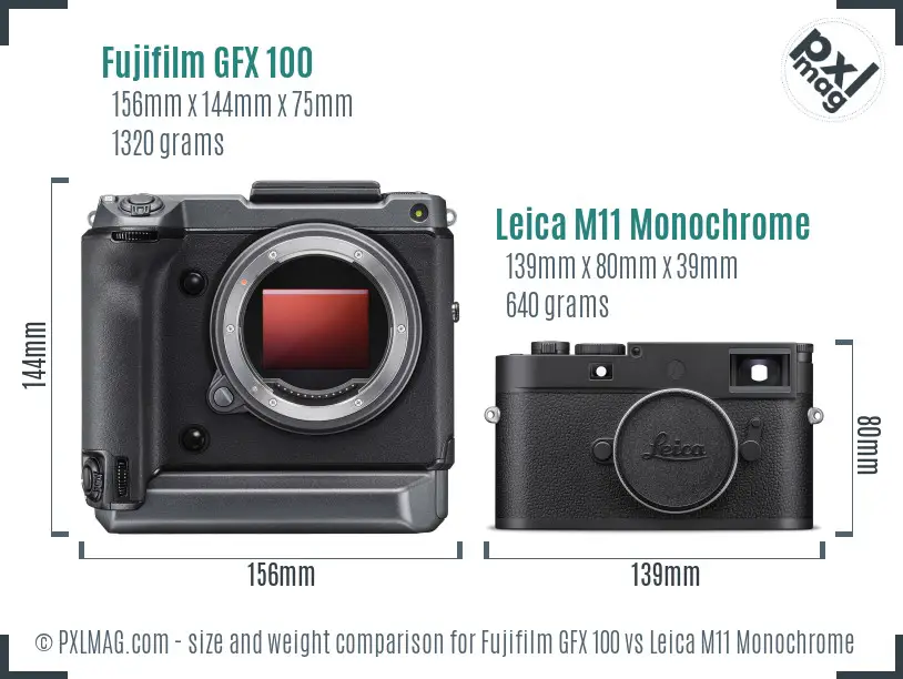 Fujifilm GFX 100 vs Leica M11 Monochrome size comparison